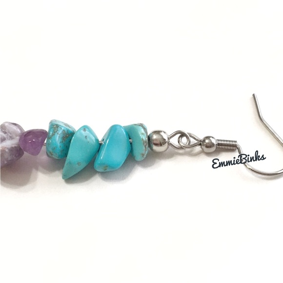 💥3for$28 New Genuine Amethyst and Turquoise Linear Drop Earrings /Gems Stones - Picture 7 of 15
